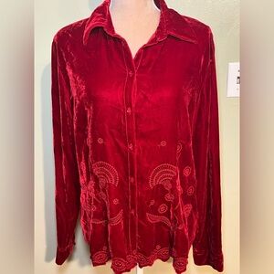 Withington Y2K Holiday Embroidered Red Velvet Button-Up Blouse 16
